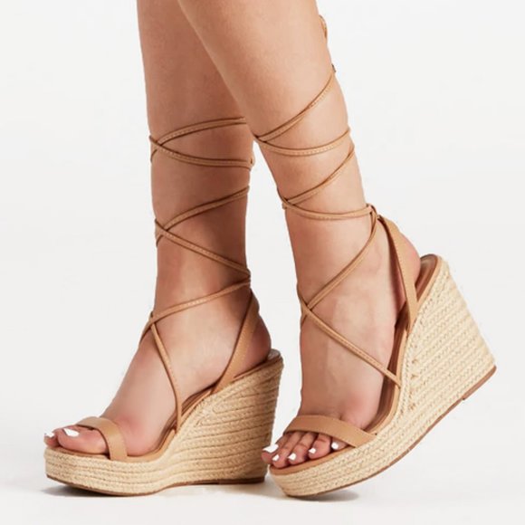 My Delicious Shoes Shoes - NEW Lace-Up Ankle Wrap Faux Leather Straps Espadrille Wedge Sandals Natural Nude